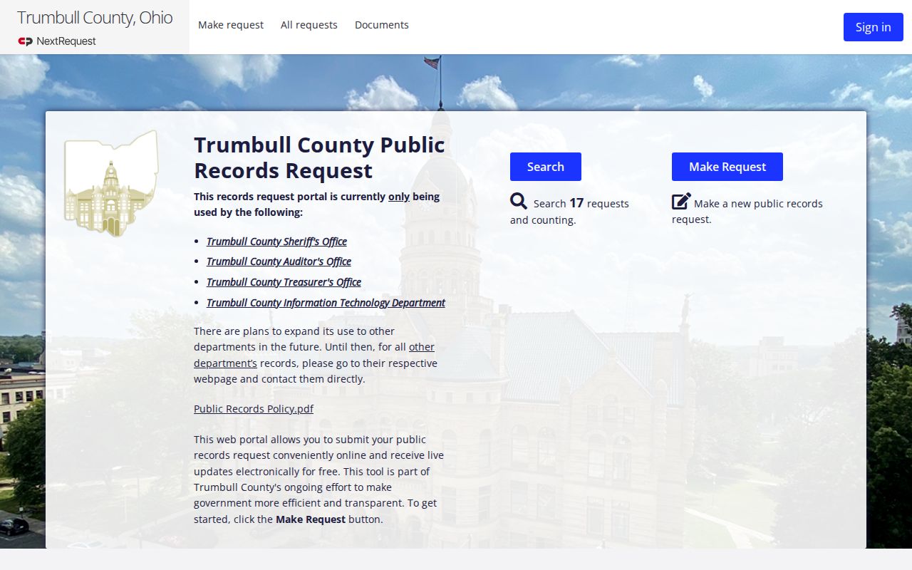 Trumbull County Sheriff public-record request portal for booking records