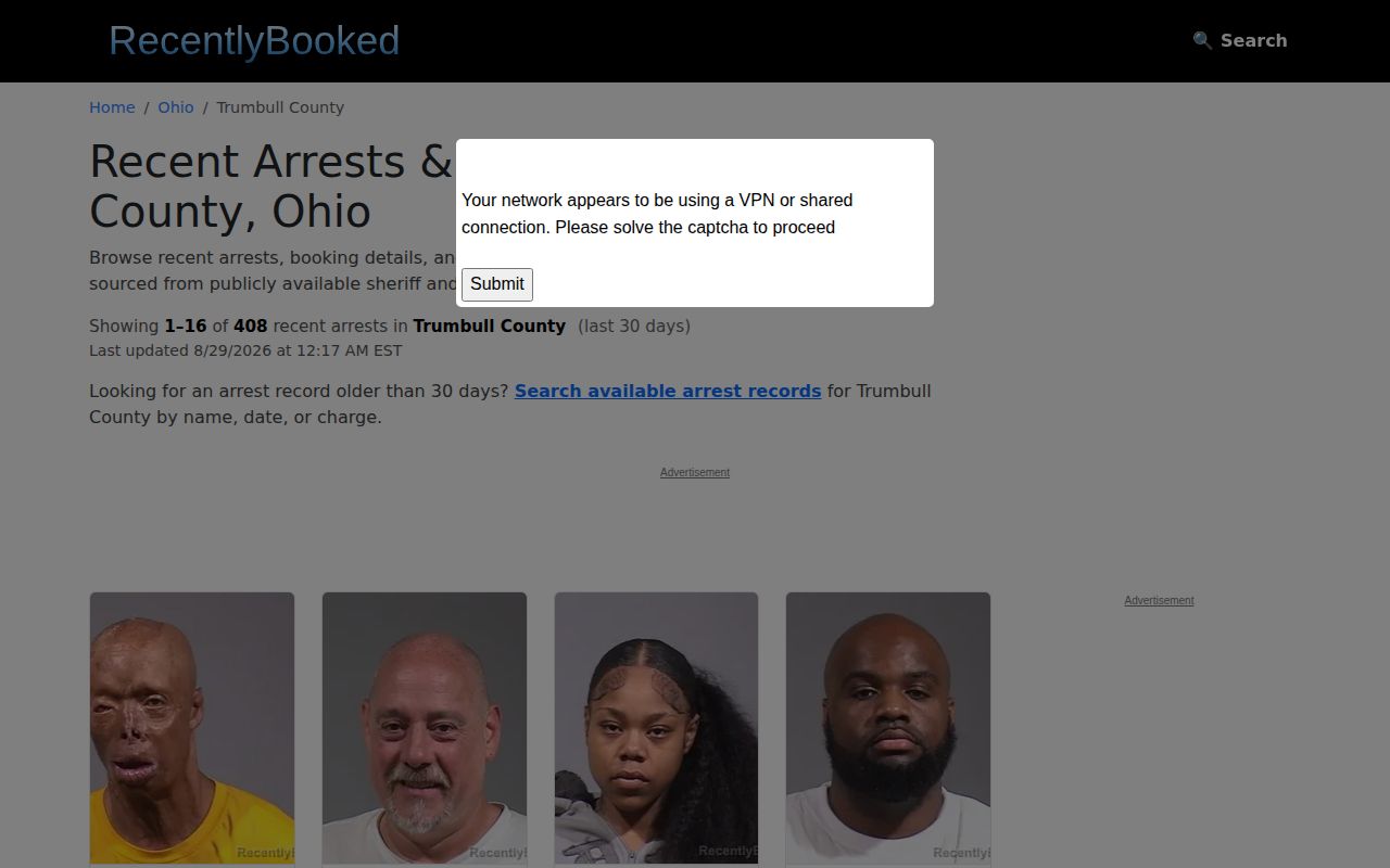 Trumbull County private booking archive landing-page context