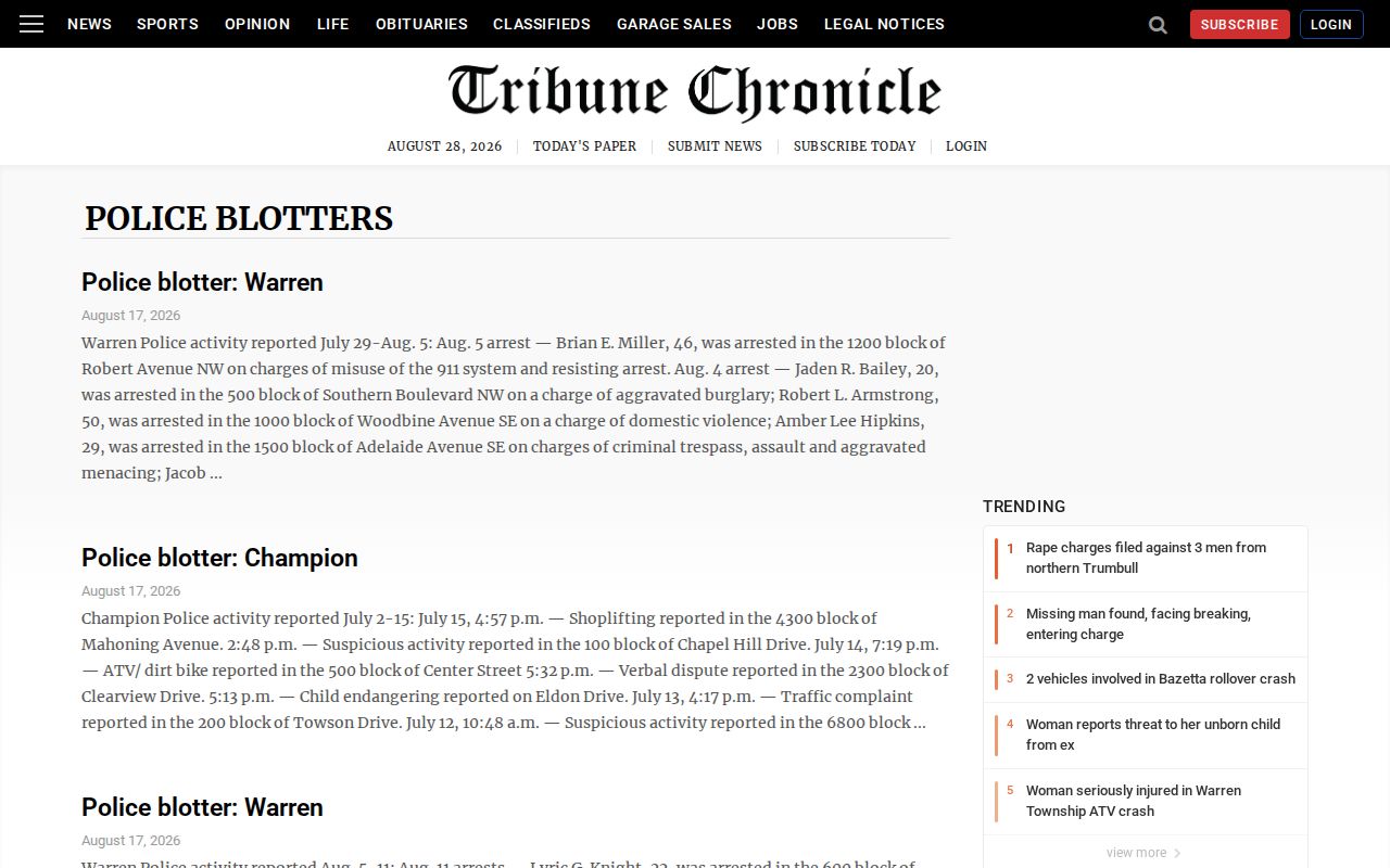 Trumbull County Tribune Chronicle police-blotter reporting index