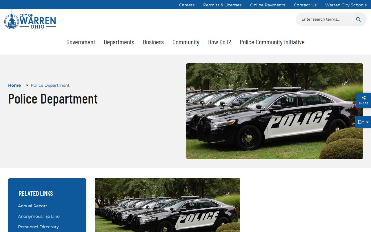 Warren Police Department contact page for Warren arrest record requests